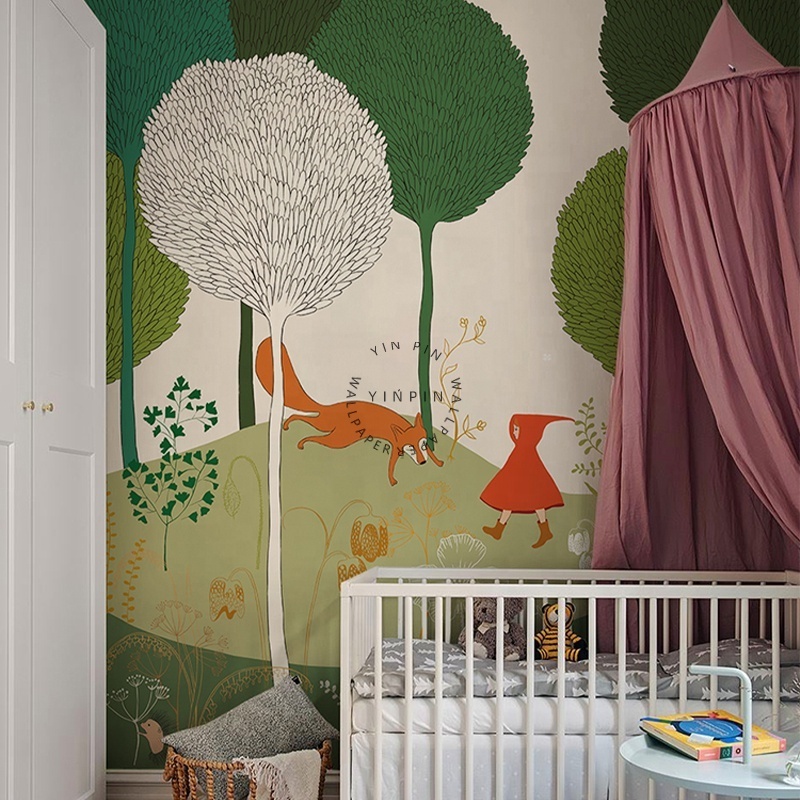 Nordic fairy tale hand drawn design with green forests wall adhesive wallpaper