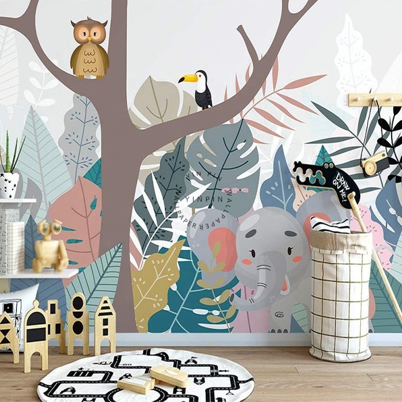 Nordic hand drawn tropical jungle cute little animal peel and stick wallpaper for children's room