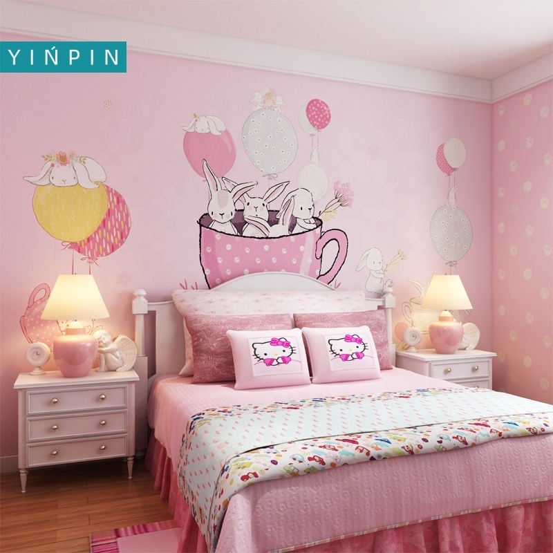 Pink cartoon rabbit hot air balloon 3d mural wallpaper for decorate kids room