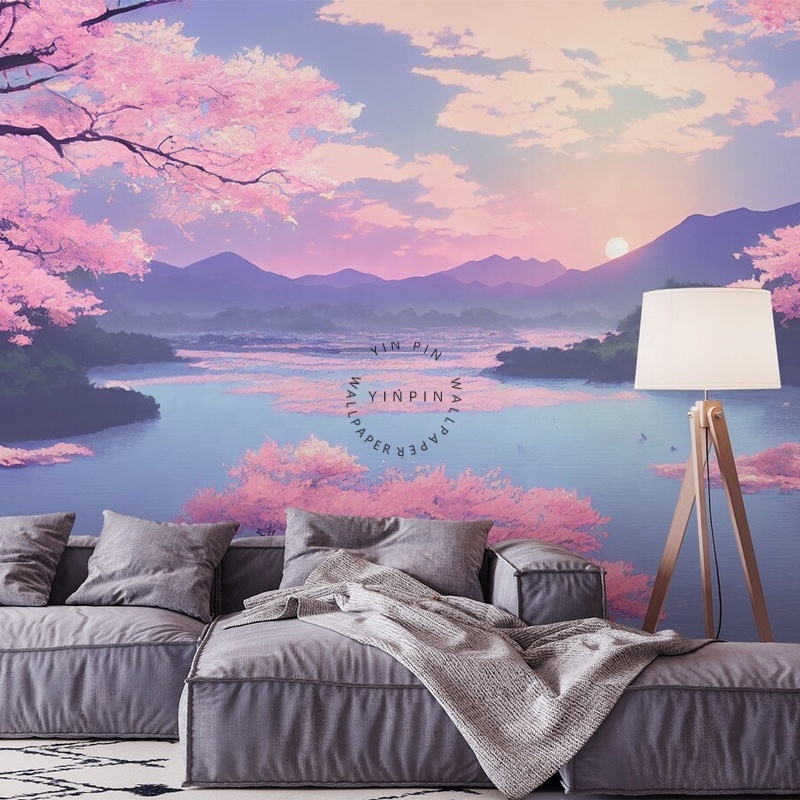 Scenery under Japanese cherry blossom trees peel and stick wallpaper