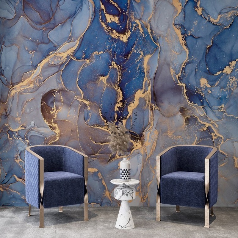 Blue marble self adhesive wallpaper 3d gold abstract smoke mural