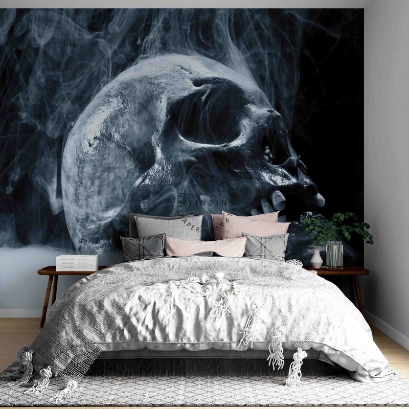 3D human skeleton skull smoke gray peel and stick wallpaper mural