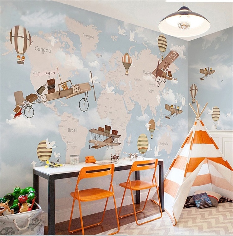 Kids wallpaper boys girls kindergarten bedroom background wallpaper cartoon plane world map wallpaper