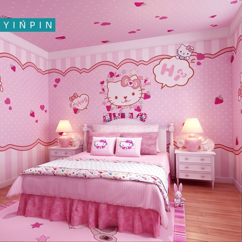 Pink hello kitty wallpaper 3d home design for kids room decor mural