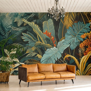 Tropical foliage jungle landscape fabric living room wallpaper