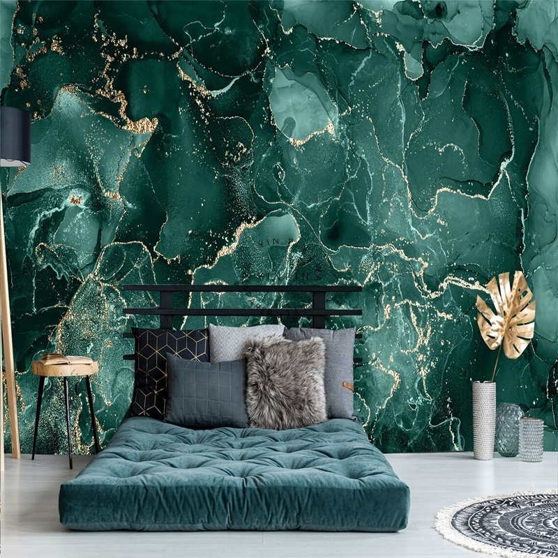 Dark blue-green abstract marble wallpaper living room green wall decoration mural