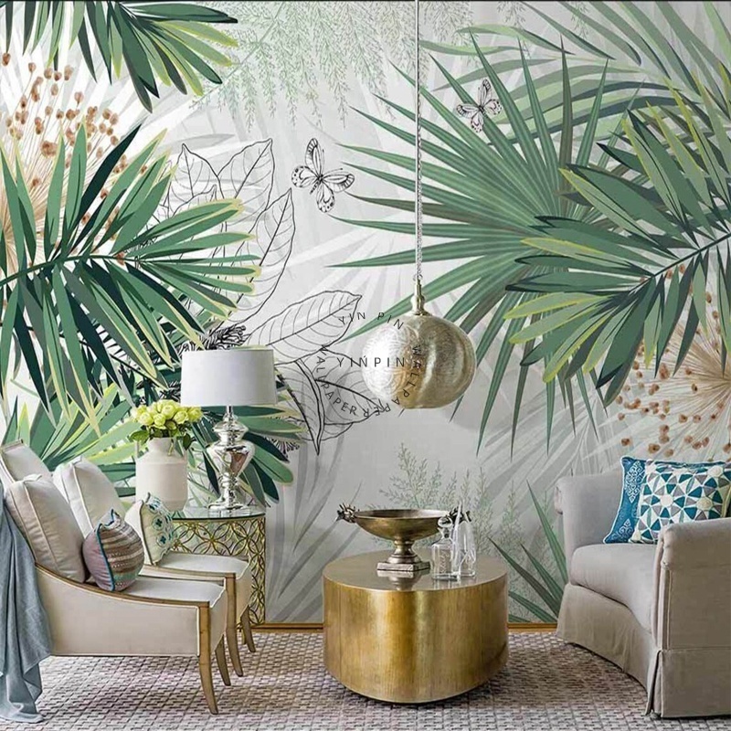 Customized tropical plant self adhesive wallpaper 3D leaf mural background decoration