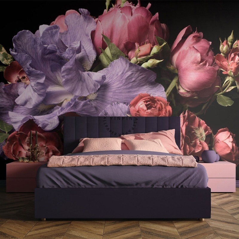 Purple iris and pink peony self-adhesive washable 3d wallpaper design