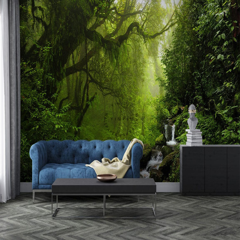 Living room forest plant wallpaper Bedroom stream scenery Background wall mural