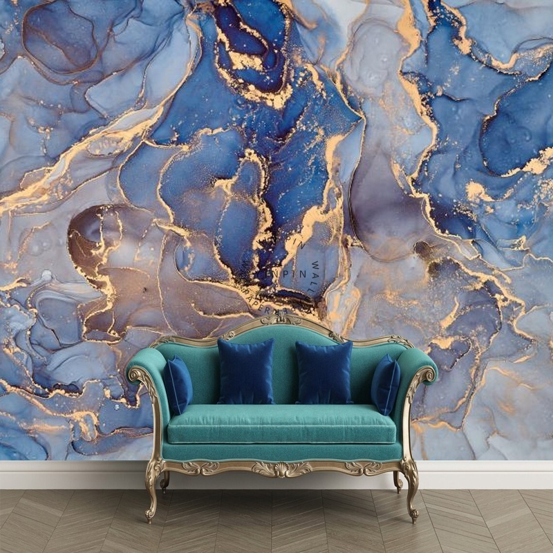 Blue marble self adhesive wallpaper 3d gold abstract smoke mural