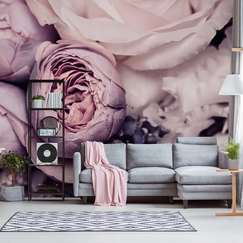 Grey pink peony photo self-adhesive mural 3d wallpaper for living room