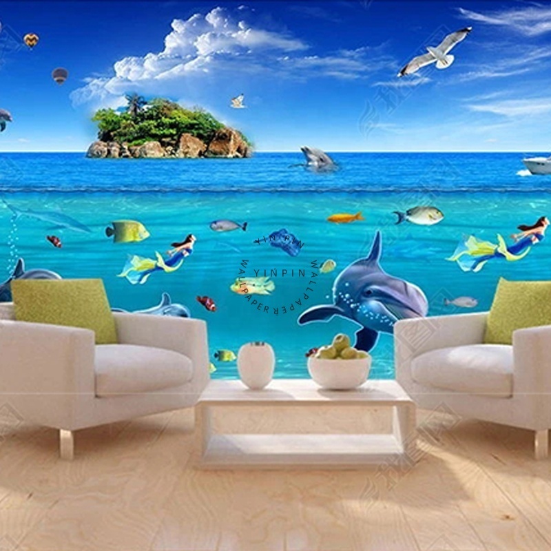 Underwater dolphins adhesive wall 3d ocean world wallpaper