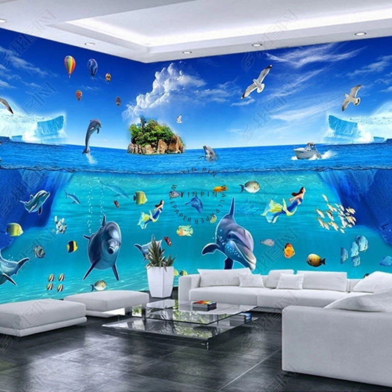 Underwater dolphins adhesive wall 3d ocean world wallpaper