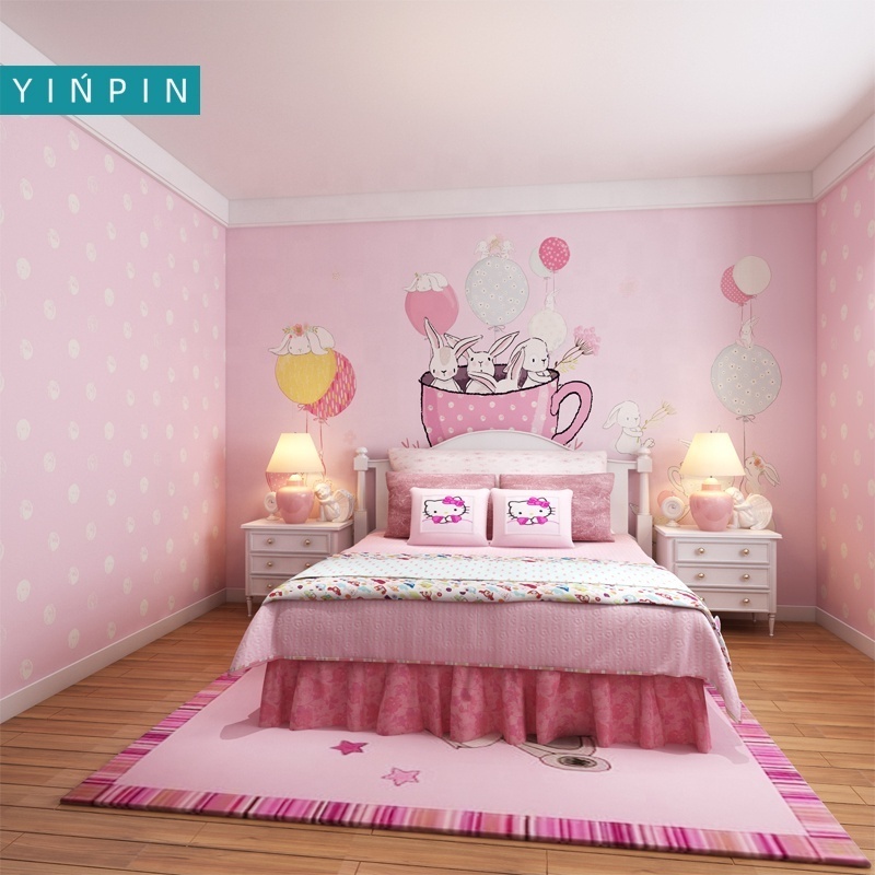 Pink cartoon rabbit hot air balloon 3d mural wallpaper for decorate kids room