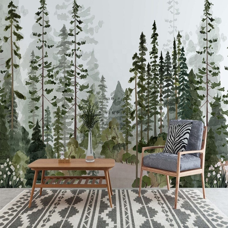 Watercolor forest landscape wallpaper living room peel and stick murals