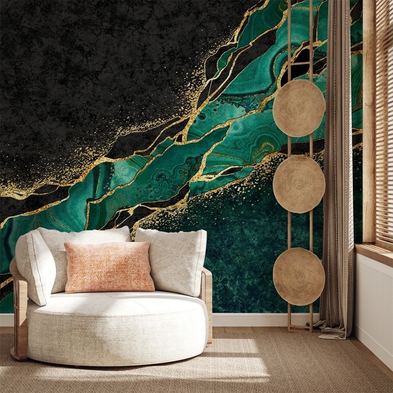 Customized abstract mural with green gold marble wallpaper