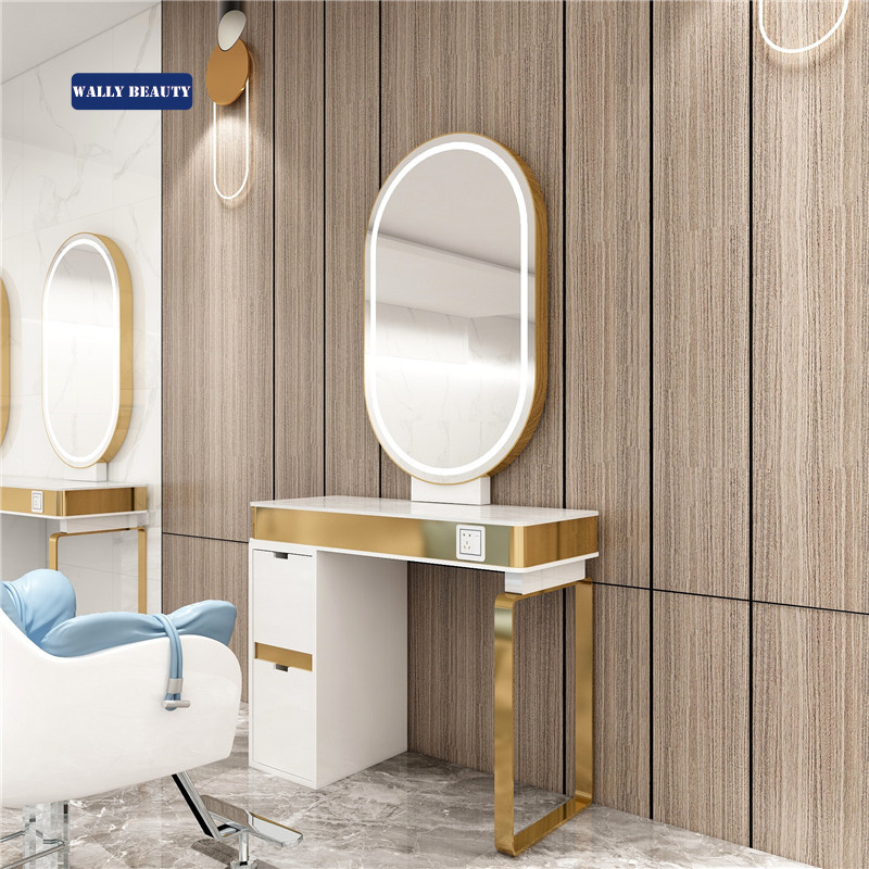 Wallybeauty Salon Mirror Station Hair Salon Furniture Barber Station Styling Mirror With Storage Gold Salon Mirror With Light