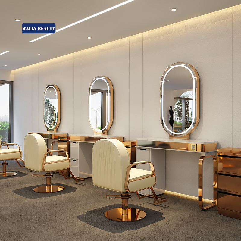 Wallybeauty Salon Mirror Station Hair Salon Furniture Barber Station Styling Mirror With Storage Gold Salon Mirror With Light