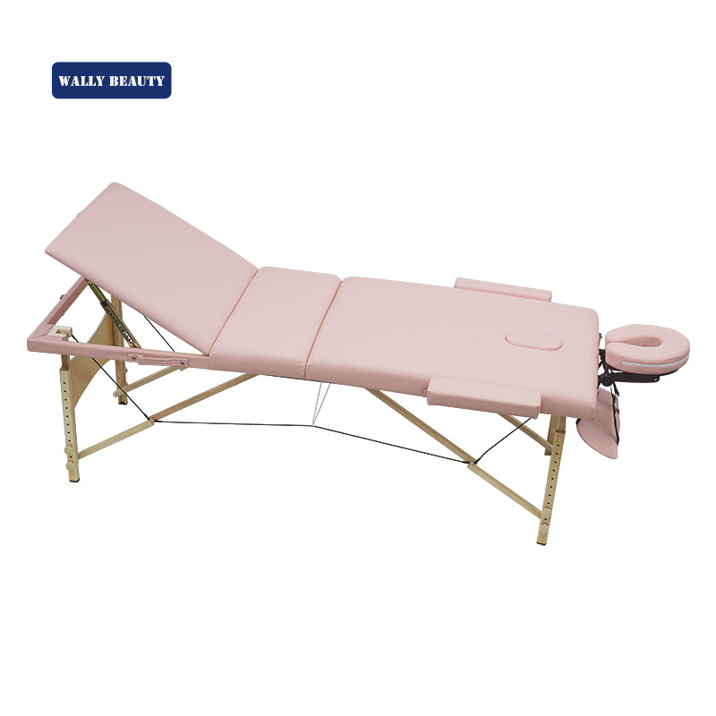 Wallybeauty cheap portable massage bed 3 sections wooden legs with face hole folding massage table