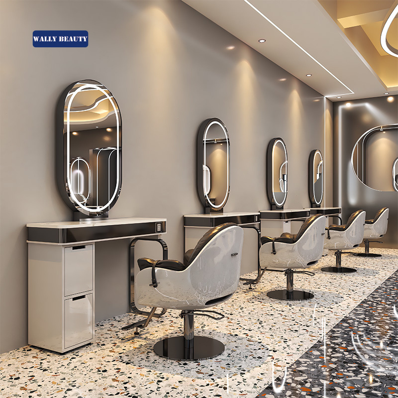 Wallybeauty Salon Mirror Station Hair Salon Furniture Barber Station Styling Mirror With Storage Gold Salon Mirror With Light