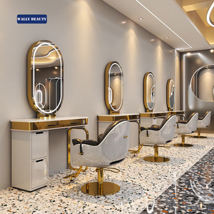 Wallybeauty Salon Mirror Station Hair Salon Furniture Barber Station Styling Mirror With Storage Gold Salon Mirror With Light