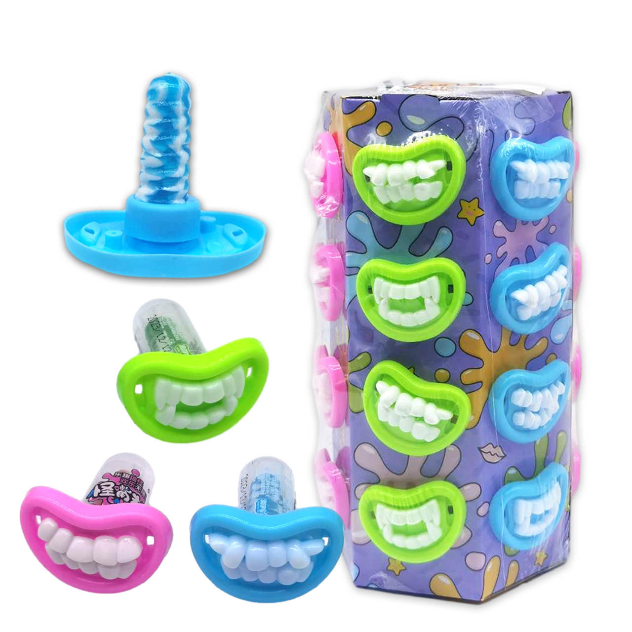 Cheap pacifier sweet candies with toys factory wholesale plastic Fangs tooth halal candy toys kids