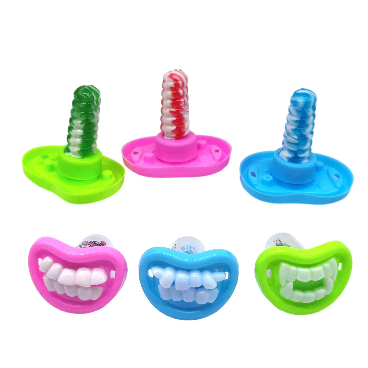 Cheap pacifier sweet candies with toys factory wholesale plastic Fangs tooth halal candy toys kids