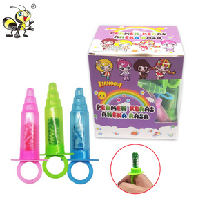 Wholesale Syringe ring toys with candy sweet kids cartoon hard lollipop for children