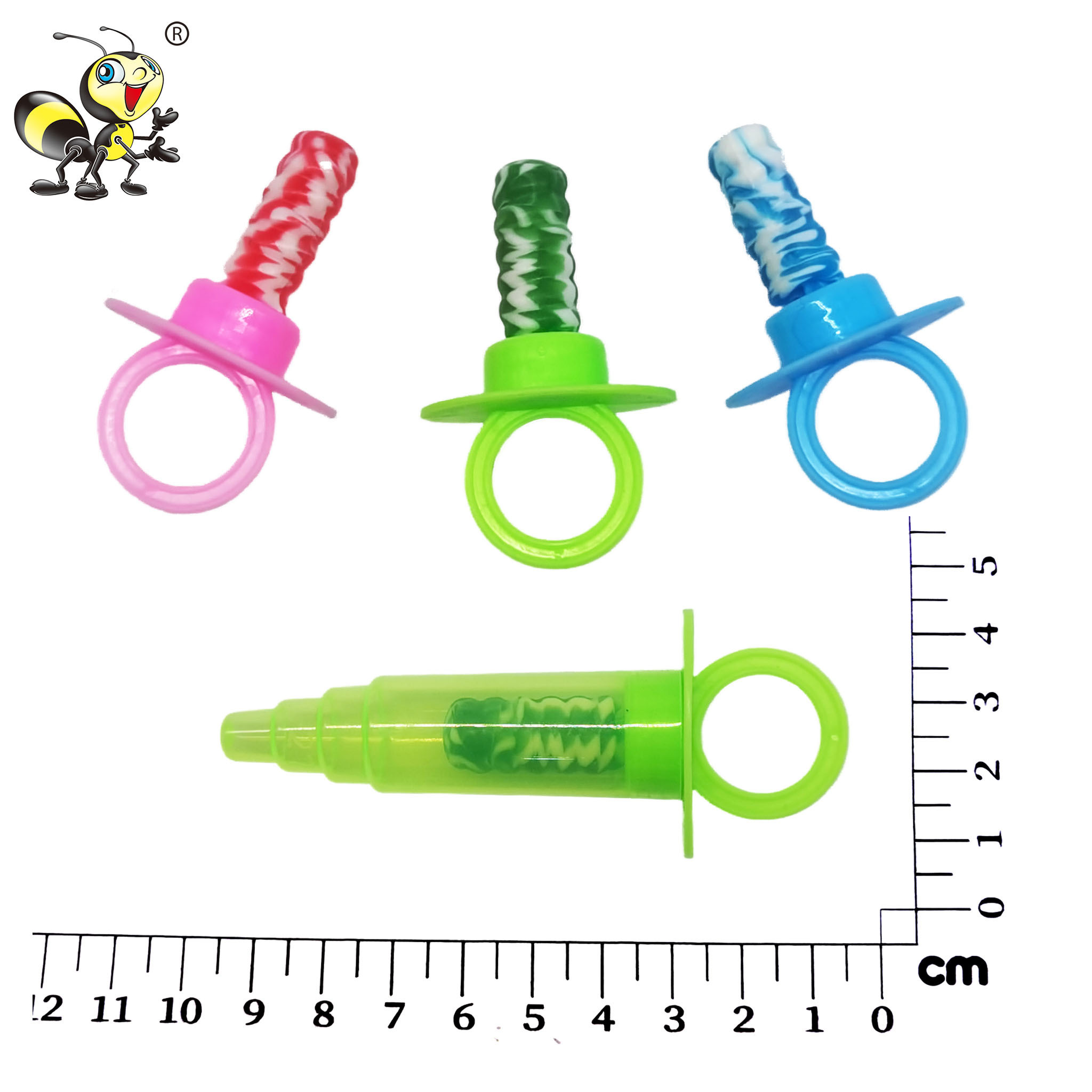 Wholesale Syringe ring toys with candy sweet kids cartoon hard lollipop for children