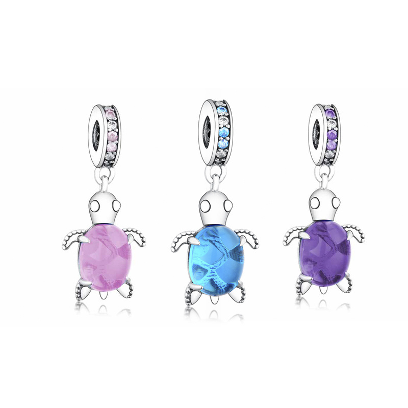 Fit Original Charm Bracelet Authentic 925 Sterling Silver Pink Blue Purple Murano Glass Turtle  Beads Charms