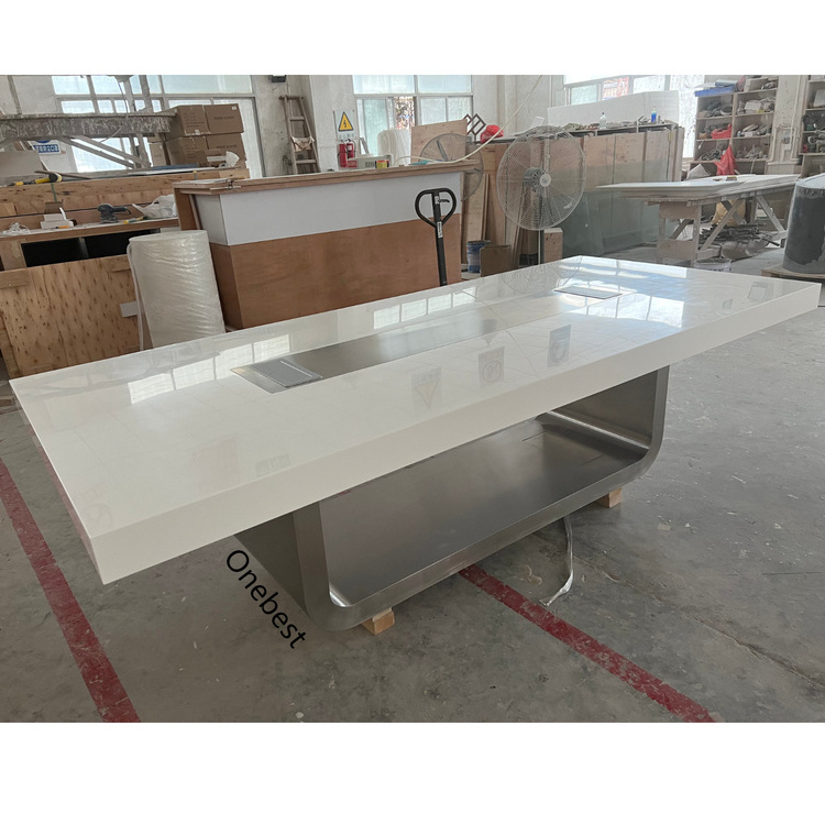 White Marble Stone Movable Folding Office Conference Table with Stainless Steel Base