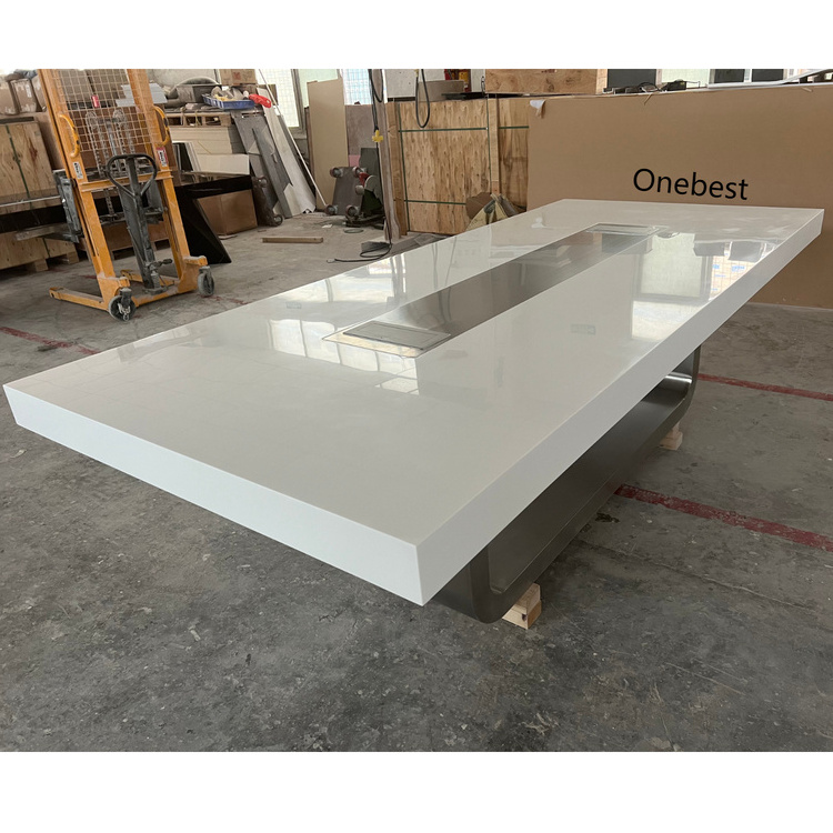 White Marble Stone Movable Folding Office Conference Table with Stainless Steel Base