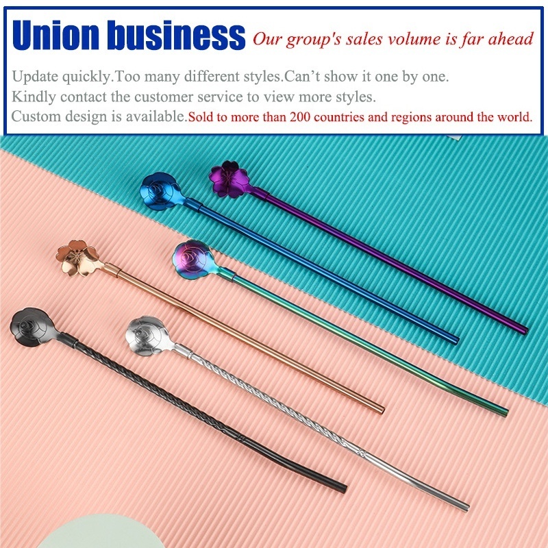 Ice Cream Metal Straw Spoon Stainless Steel Flower Spoons Colorful Flower Stirring Spoon Reusable Drinking Straws for Coffee