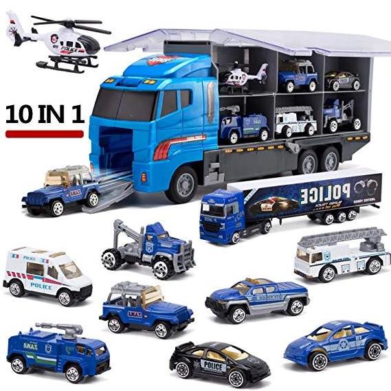 10 In 1 Police Transport Truck Mini Die-Cast Plastic Play Vehicle In Carrier Car Toy Set Mini Cars For Kid Children Boy