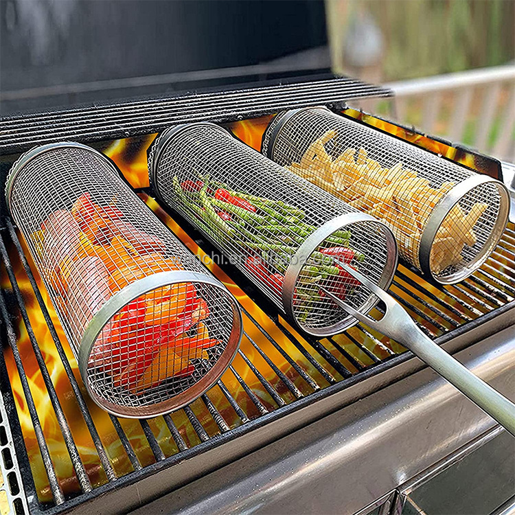 Rolling Grilling Basket Round Stainless Steel Camping Barbecue Rack Rolling Grilling Basket For Vegetables French Fries