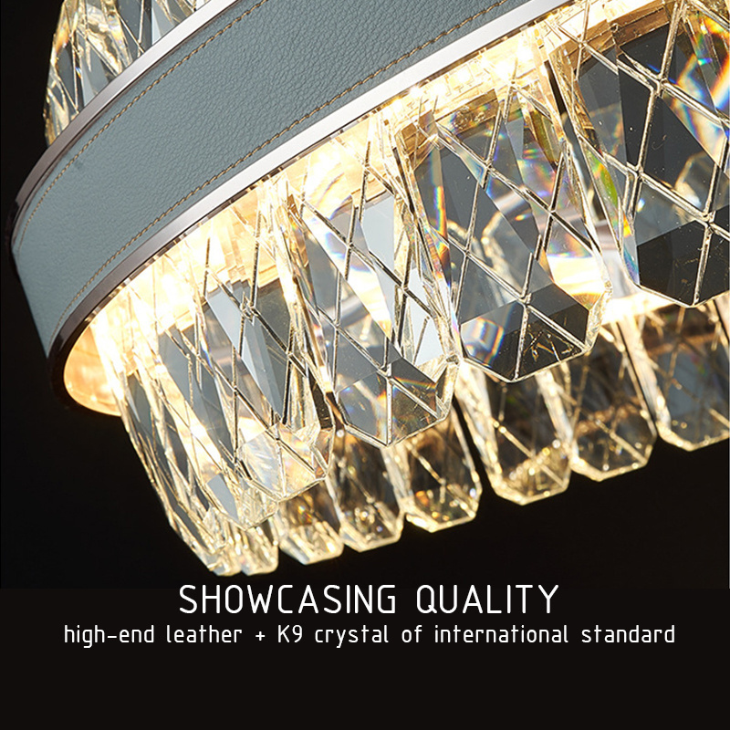 Simple modern Real leather gold metal luxury K9 crystal pendant ring creative decorative home lighting chandelier ceiling light