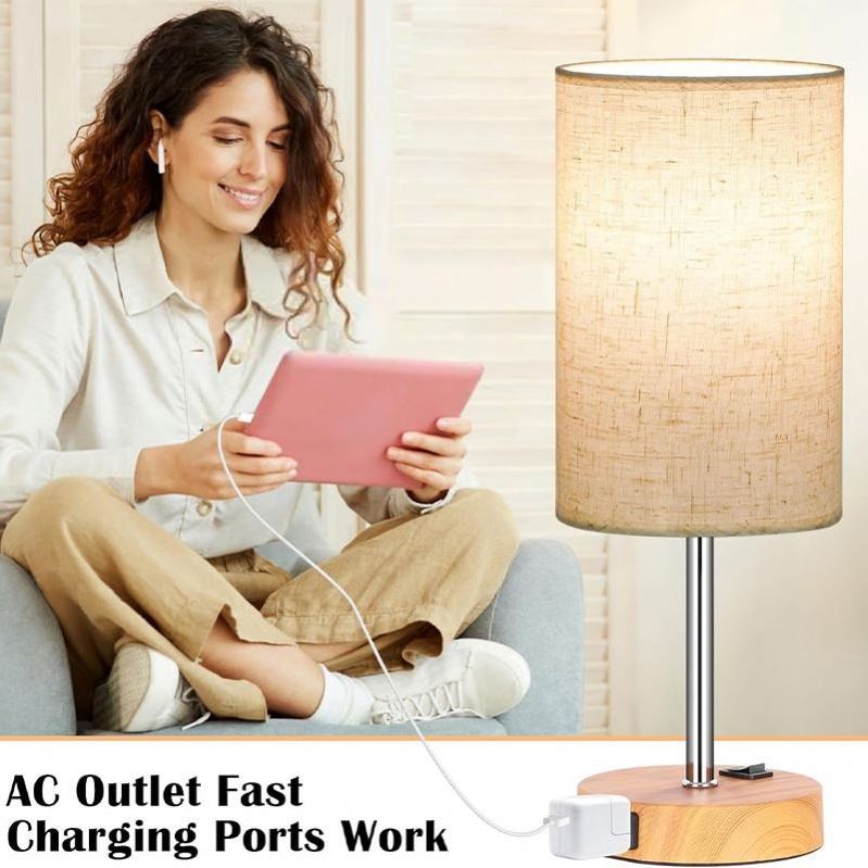 Modern Linen Fabric lampshade touch control Wooden base Desk Bedroom Bedside decorative stand lighting night Table lights Lamps