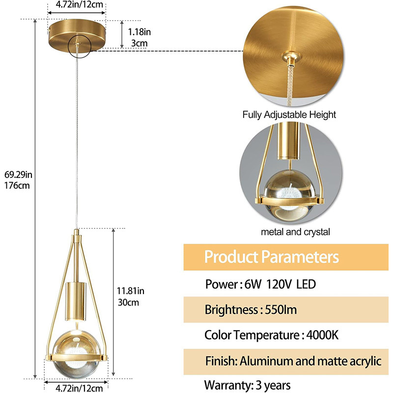 Modern Luxury Single Head Small Chandelier Creative Dandelion Crystal Copper with LED Light Source for Restaurant Bar Bedroom