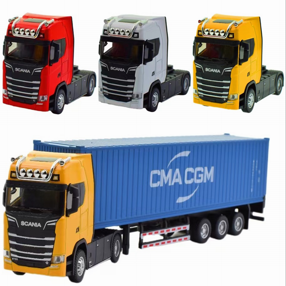 1/36 Scale S730 Tractor With Container Semi-Trailer Pull Back Cars Sound Lights Diecast Model Truck Toys For Children Boys Gifts