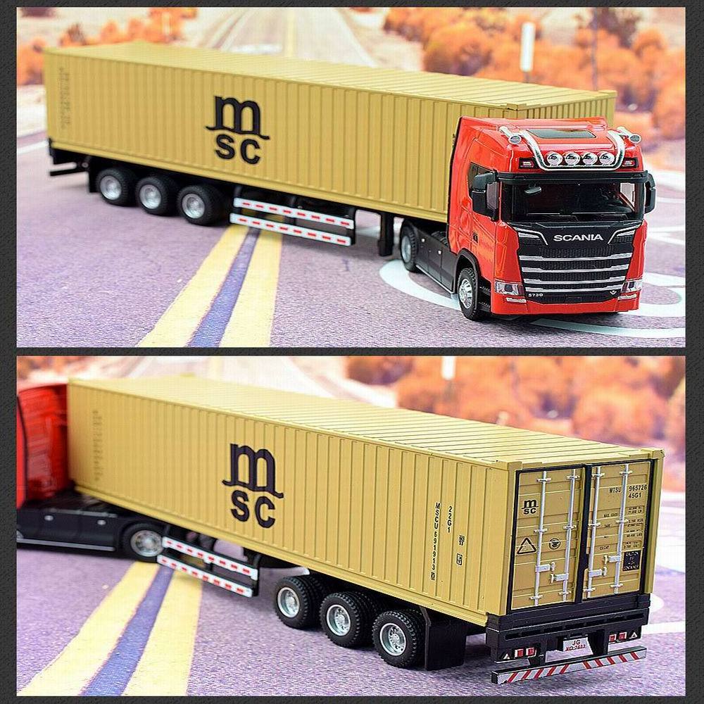 1/36 Scale S730 Tractor With Container Semi-Trailer Pull Back Cars Sound Lights Diecast Model Truck Toys For Children Boys Gifts