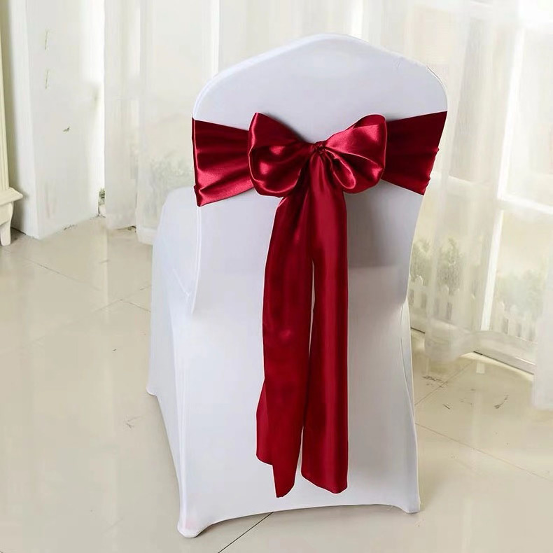 Factory Low Price Banquet Wedding Decoration Plain Dyed Blue Red Pink Bow Satin Chair Sash