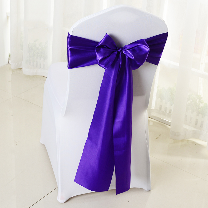 Factory Low Price Banquet Wedding Decoration Plain Dyed Blue Red Pink Bow Satin Chair Sash