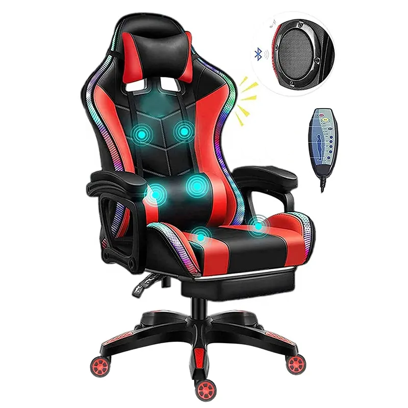 Luxury Gaming Gamer Computer Chair Gaming Massage Pu Leather LED Racing Gamer Chair With Footrest