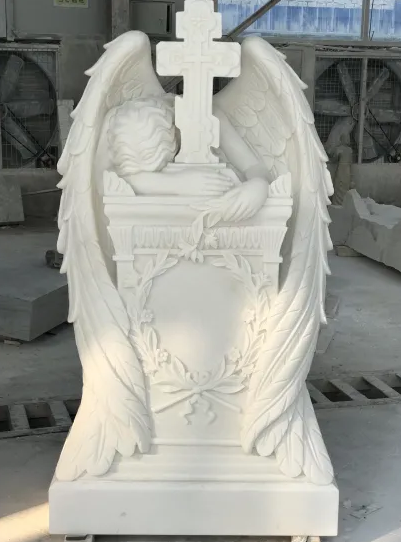 JK Customized Beautiful White Marble Angel Headstone Memorial Bench Tombstone