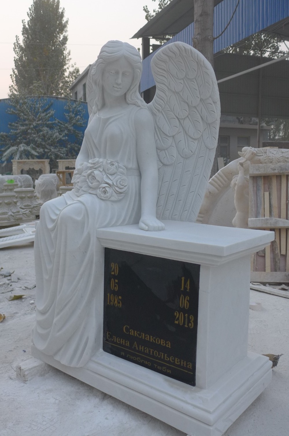 JK Customized Beautiful White Marble Angel Headstone Memorial Bench Tombstone