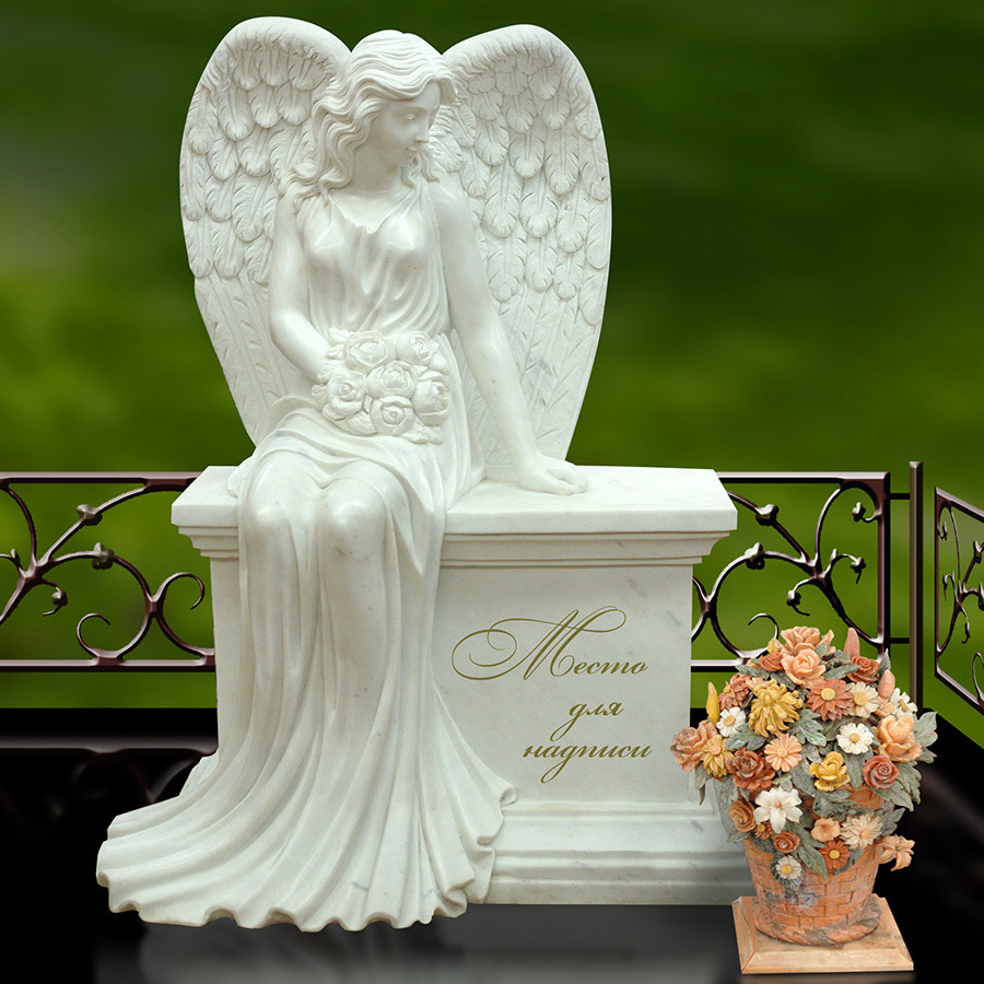 JK Customized Beautiful White Marble Angel Headstone Memorial Bench Tombstone