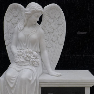 JK Customized Beautiful White Marble Angel Headstone Memorial Bench Tombstone