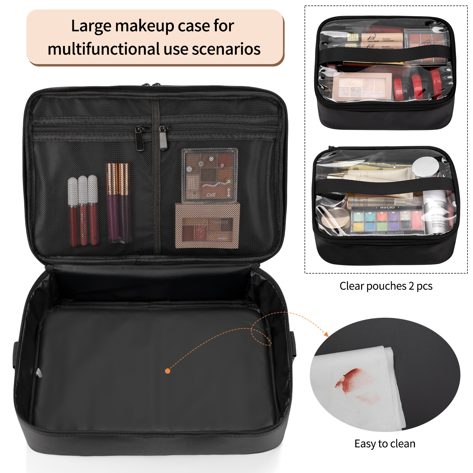 Relavel 2 in 1 Rolling Large Makeup Case Travel Trolley Box Hairdresser Bag Customized Pouch Case With Makeup Brush Pouch Bag