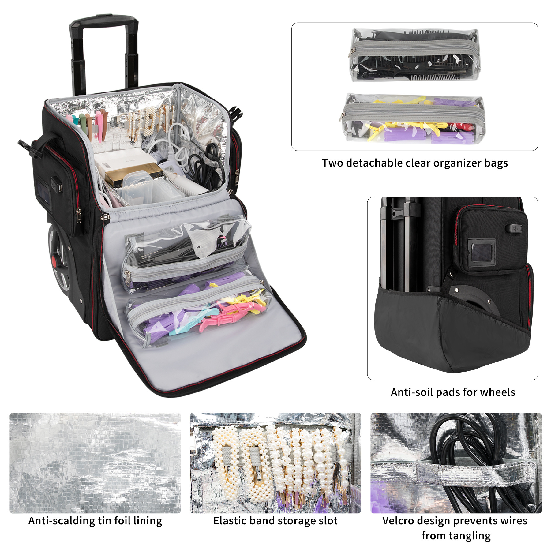 Relavel 2 in 1 Rolling Large Makeup Case Travel Trolley Box Hairdresser Bag Customized Pouch Case With Makeup Brush Pouch Bag