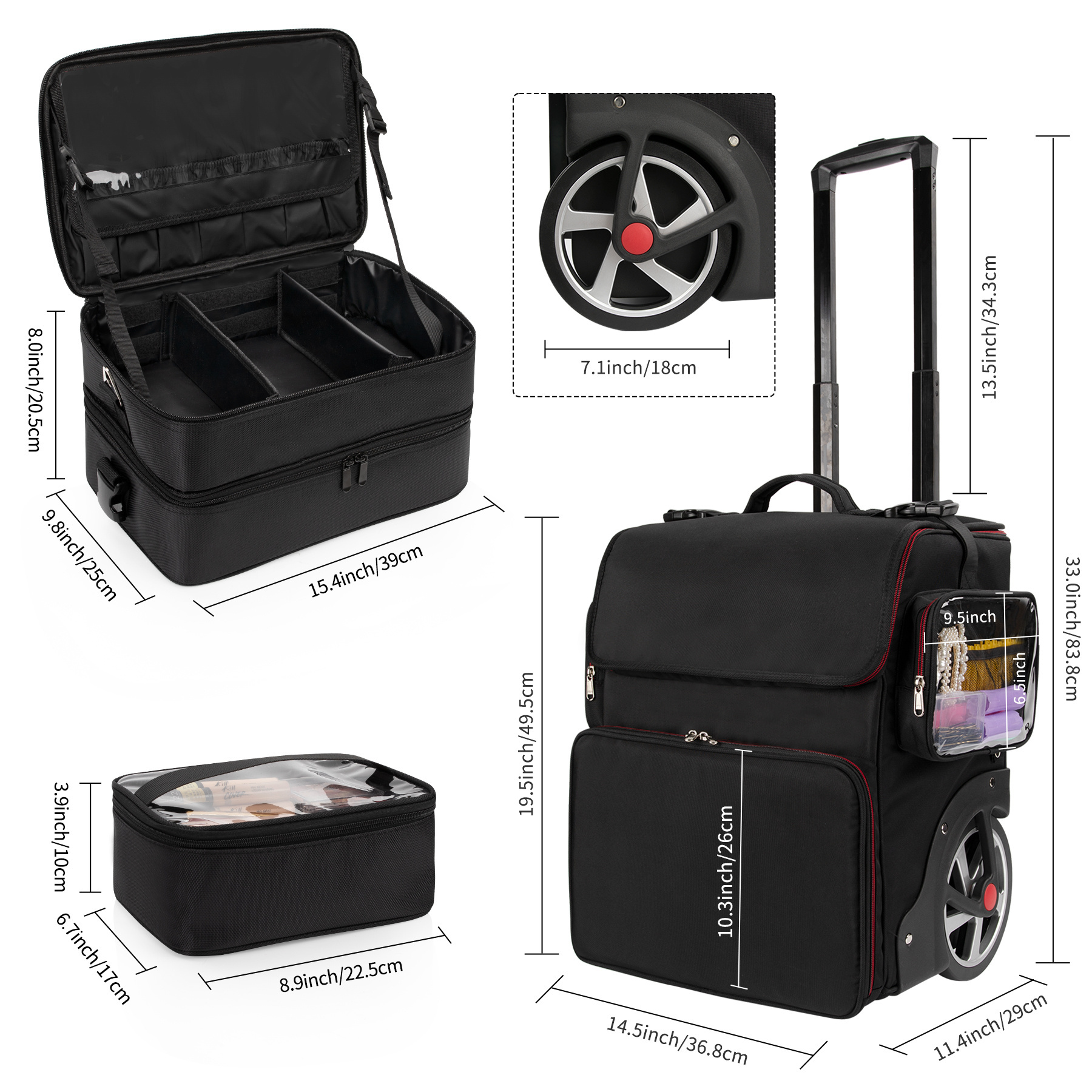 Relavel 2 in 1 Rolling Large Makeup Case Travel Trolley Box Hairdresser Bag Customized Pouch Case With Makeup Brush Pouch Bag